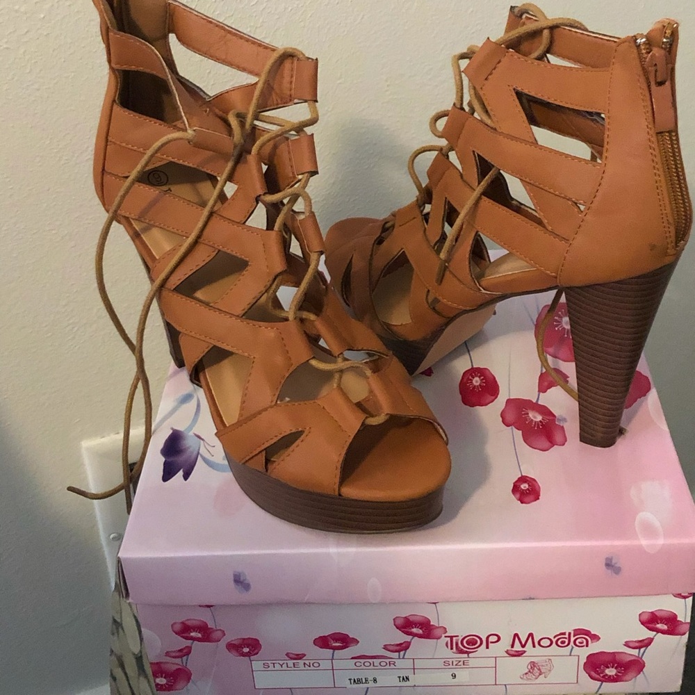 Dark tan lace-up open toe heel sandals